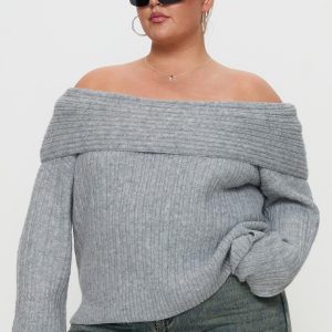 Snowie Off Shoulder Knit Sweater Grey Curve