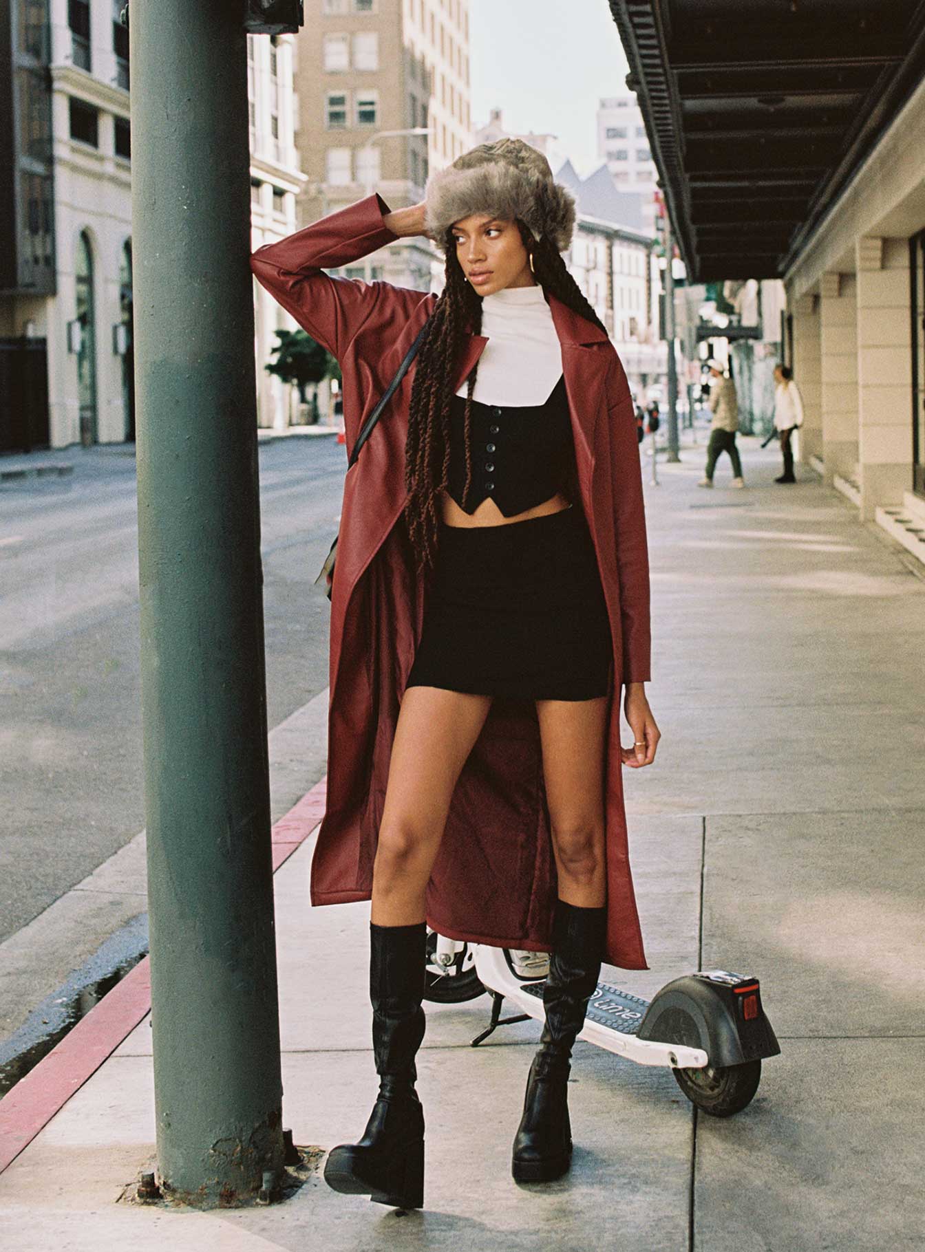 Leif Faux Leather Long Coat Burgundy - Image 6