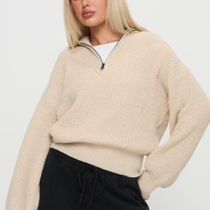 Fireheart Zip Through Knit Sweater Beige