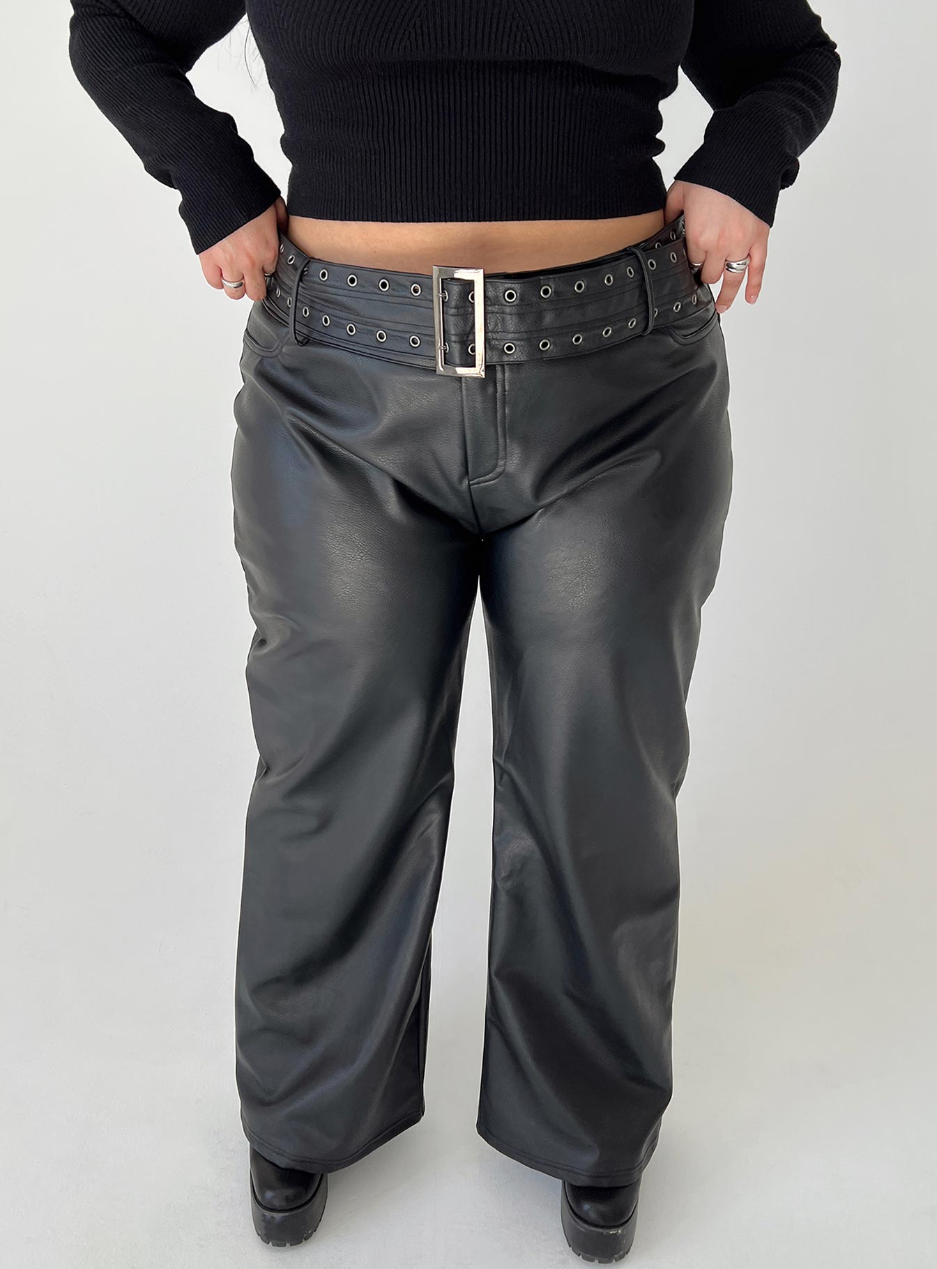 Torridon Eyelet Belt Faux Leather Pants Black Curve - Image 2