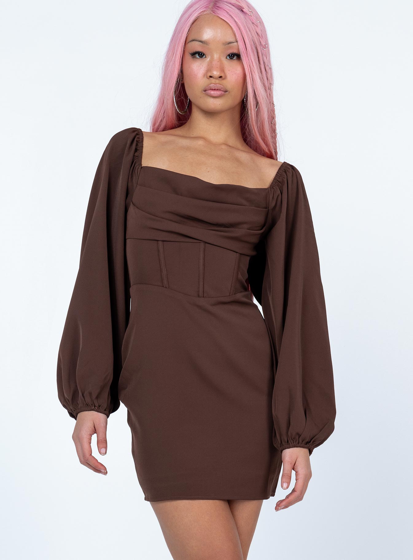 Lillie Long Sleeve Mini Dress Brown - Image 6