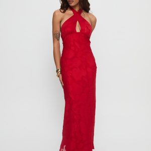 Ending Credits Halter Twist Maxi Dress Red Burnout