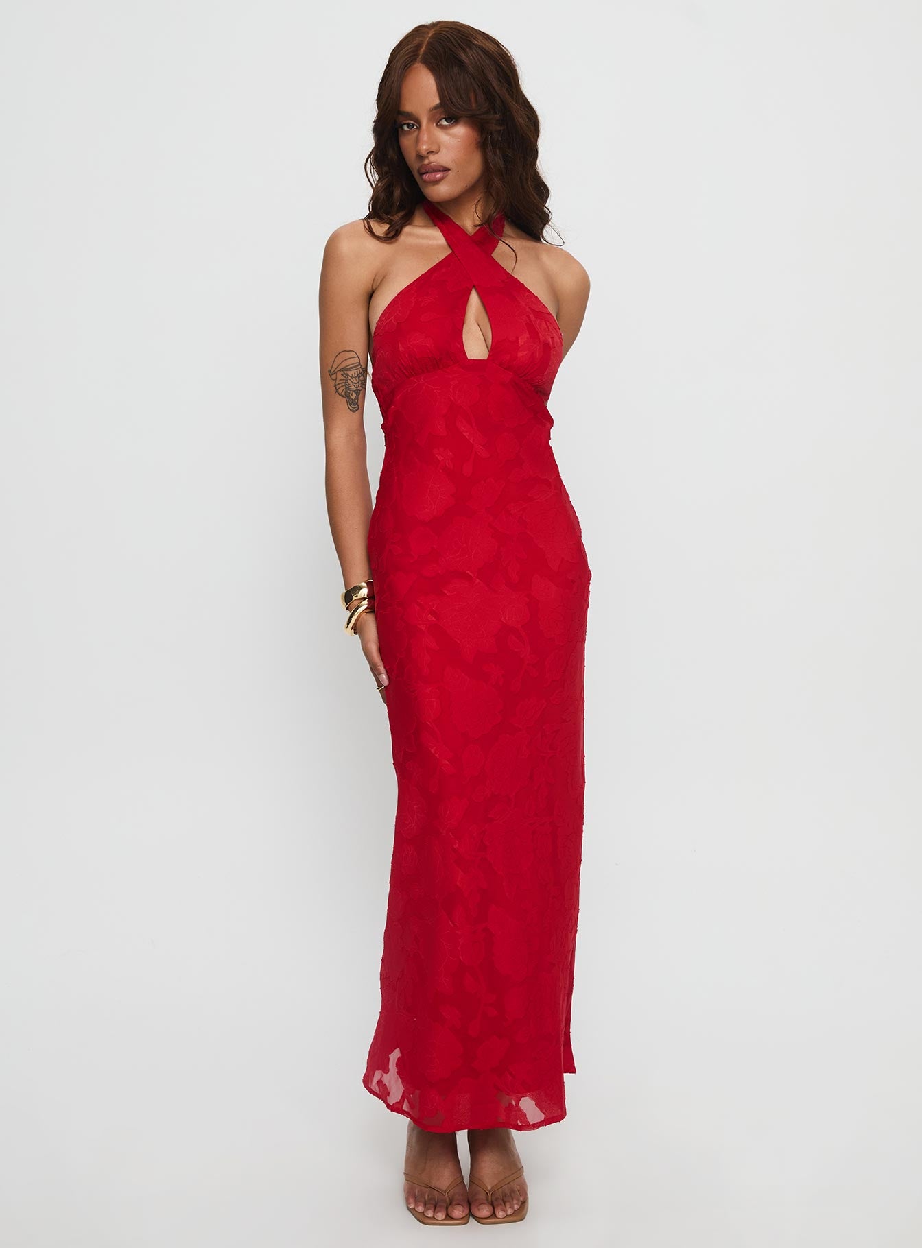 Ending Credits Halter Twist Maxi Dress Red Burnout