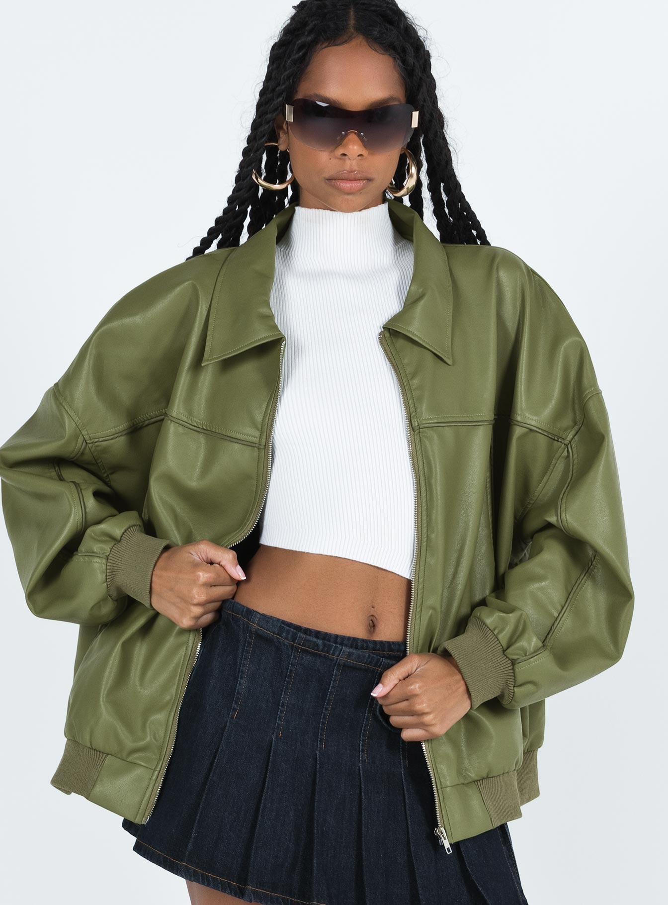 Goldsmith Faux Leather Bomber Jacket Green - Image 2