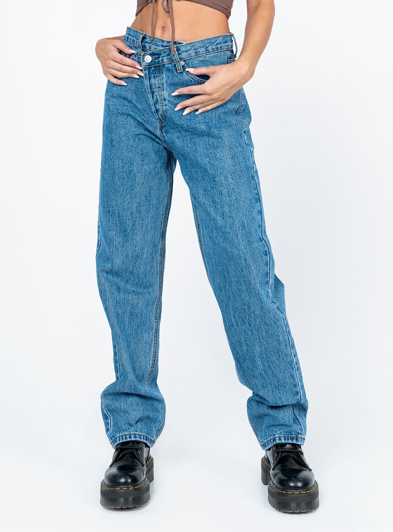 Holly Asymmetric Straight Leg Jean Mid Wash Denim - Image 2
