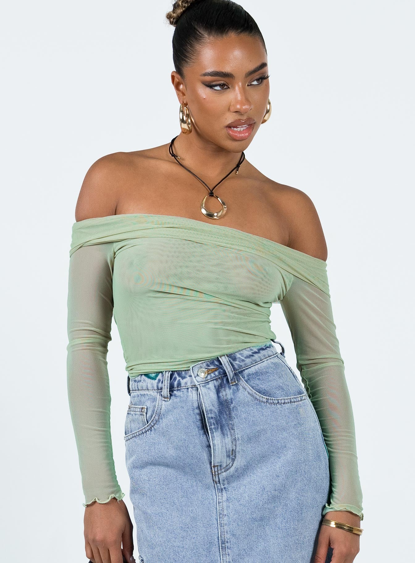 Gryce Off The Shoulder Top Green - Image 2