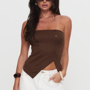 Slow Down Time Strapless Button Detail Top Chocolate