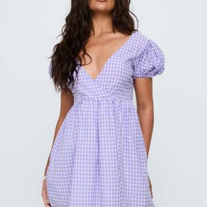 Chavelle Puff Sleeve Mini Dress Purple Check