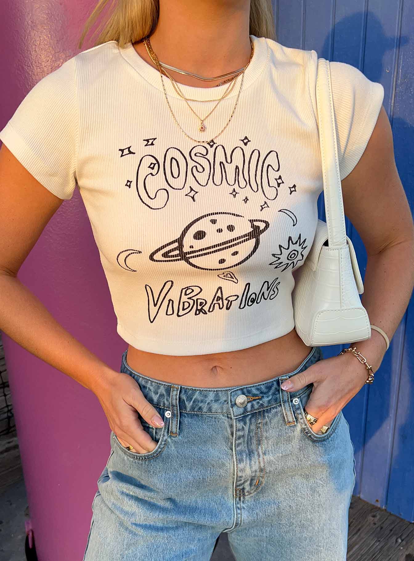 Cosmic Vibrations Cropped Tee White - Image 2