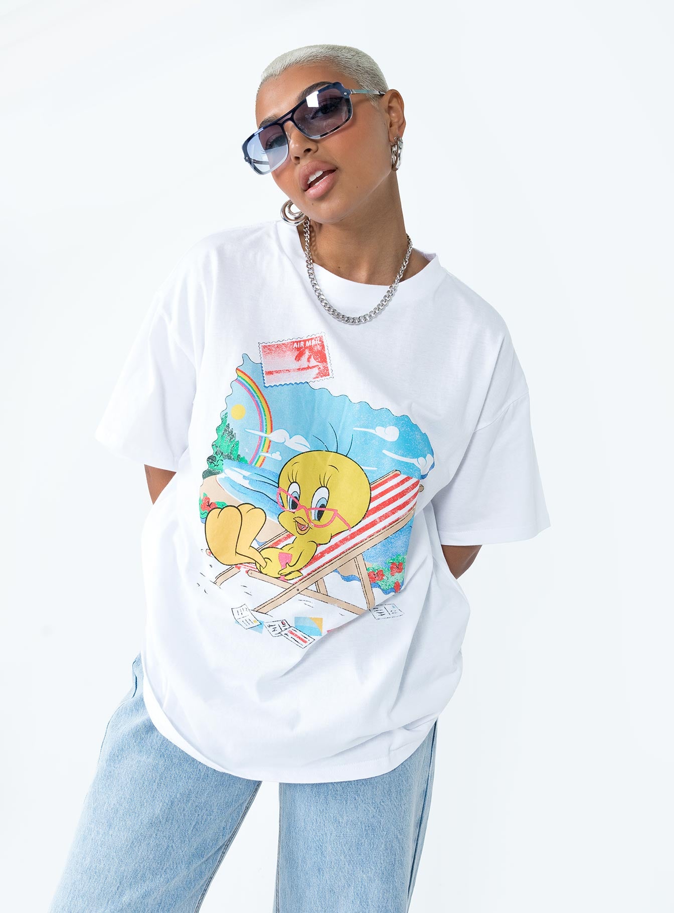 Tweety Post Card Vacation Oversized Tee White - Image 2