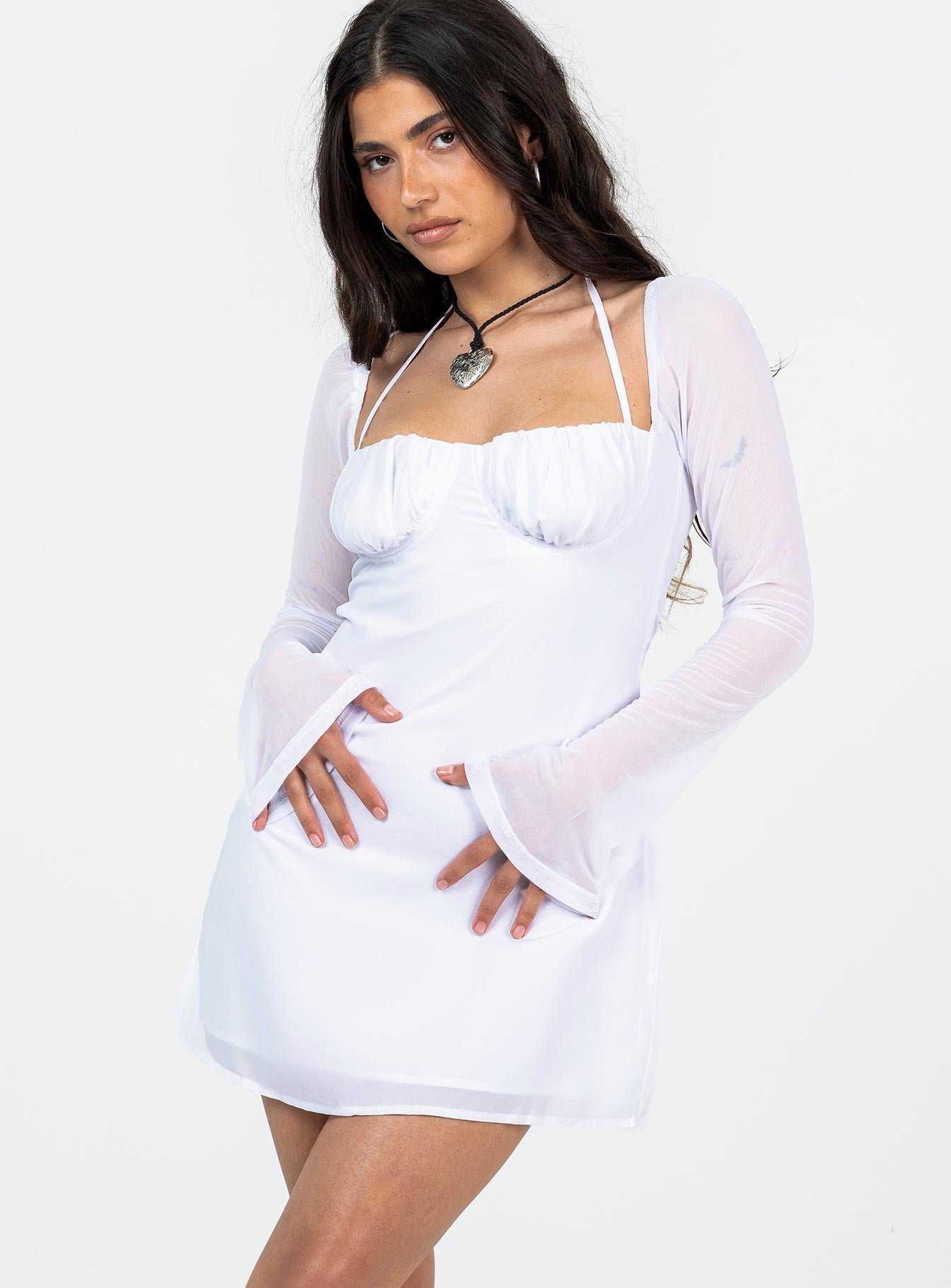 Dyer Sheer Sleeve Mini Dress White Petite - Image 2