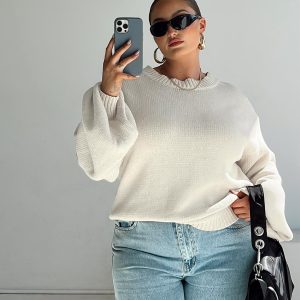 Harmony Balloon Sleeve Knit Sweater Beige Curve