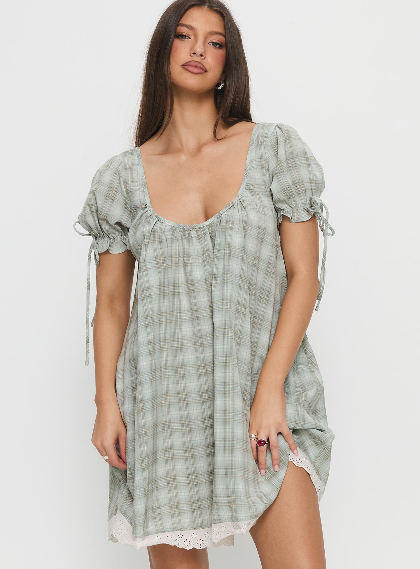 Embracing Puff Sleeve Swing Mini Dress Blue Check - Image 2