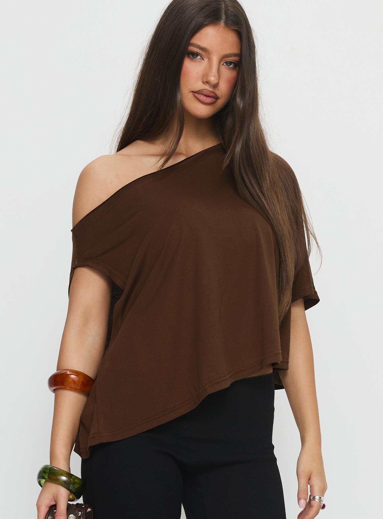 Passerby Asymmetrical Off Shoulder Top Brown - Image 2