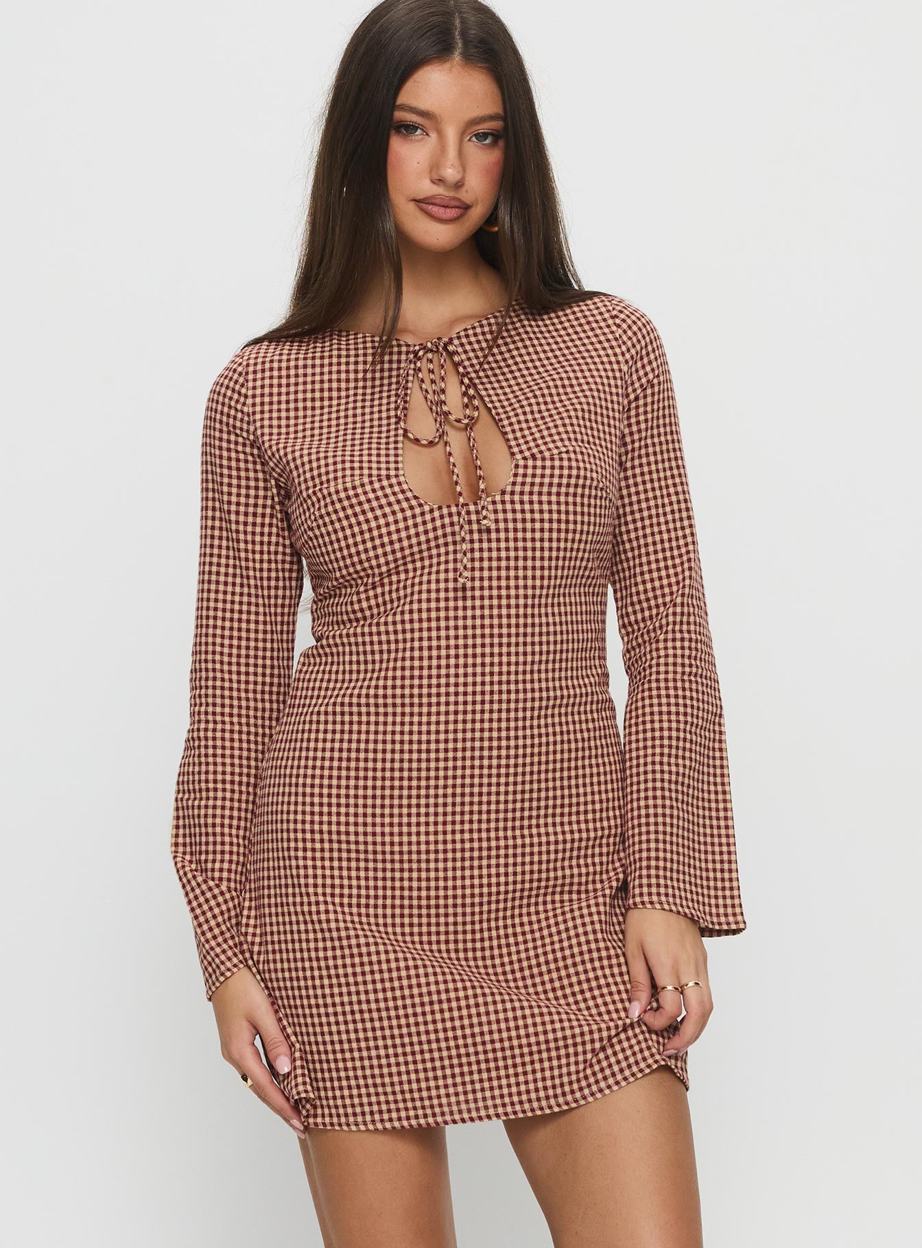 Kassidee Keyhole Long Sleeve Mini Dress Red Check - Image 2