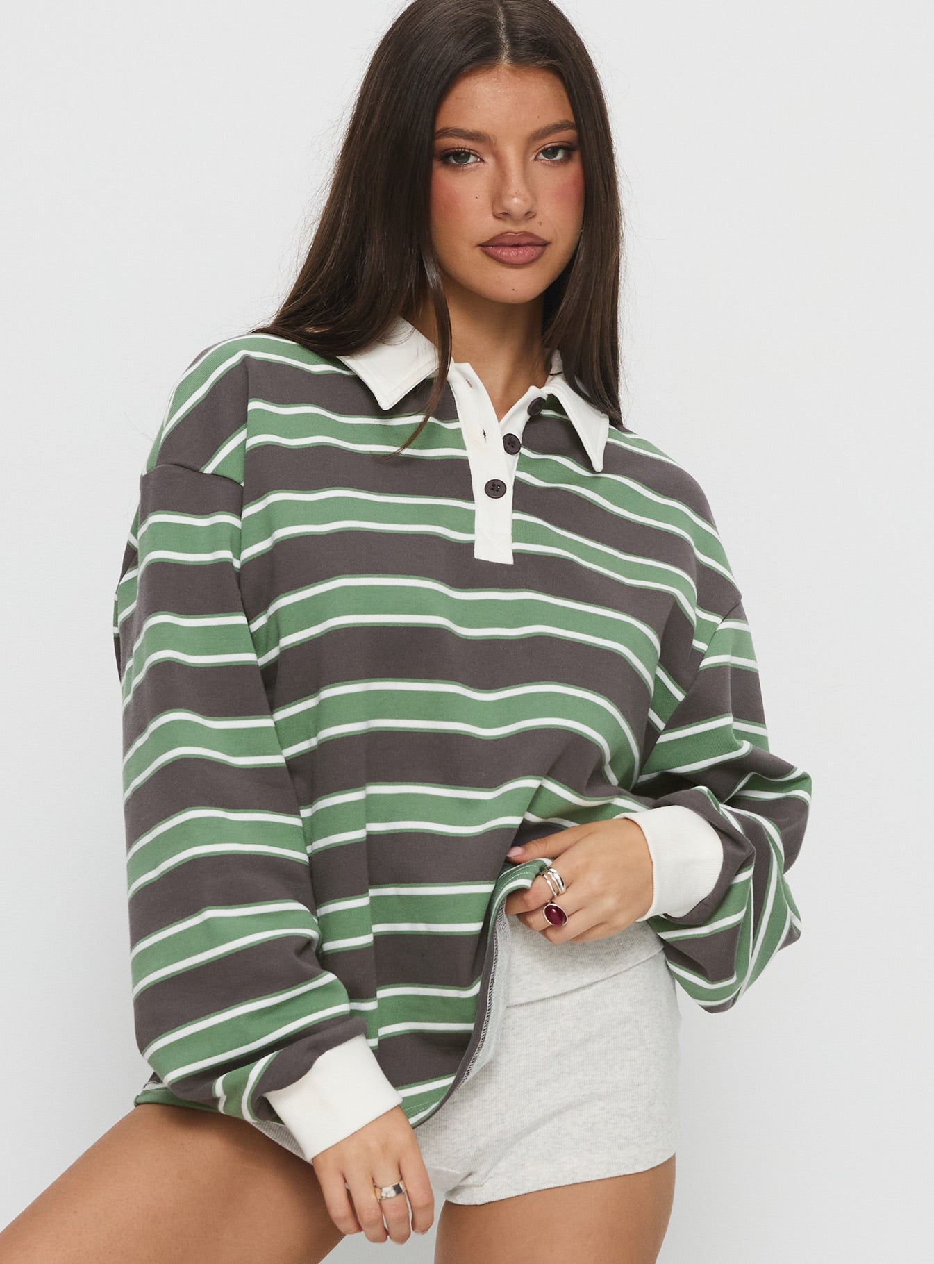Tycen Polo Rugby Jumper Green / Grey Stripe - Image 2