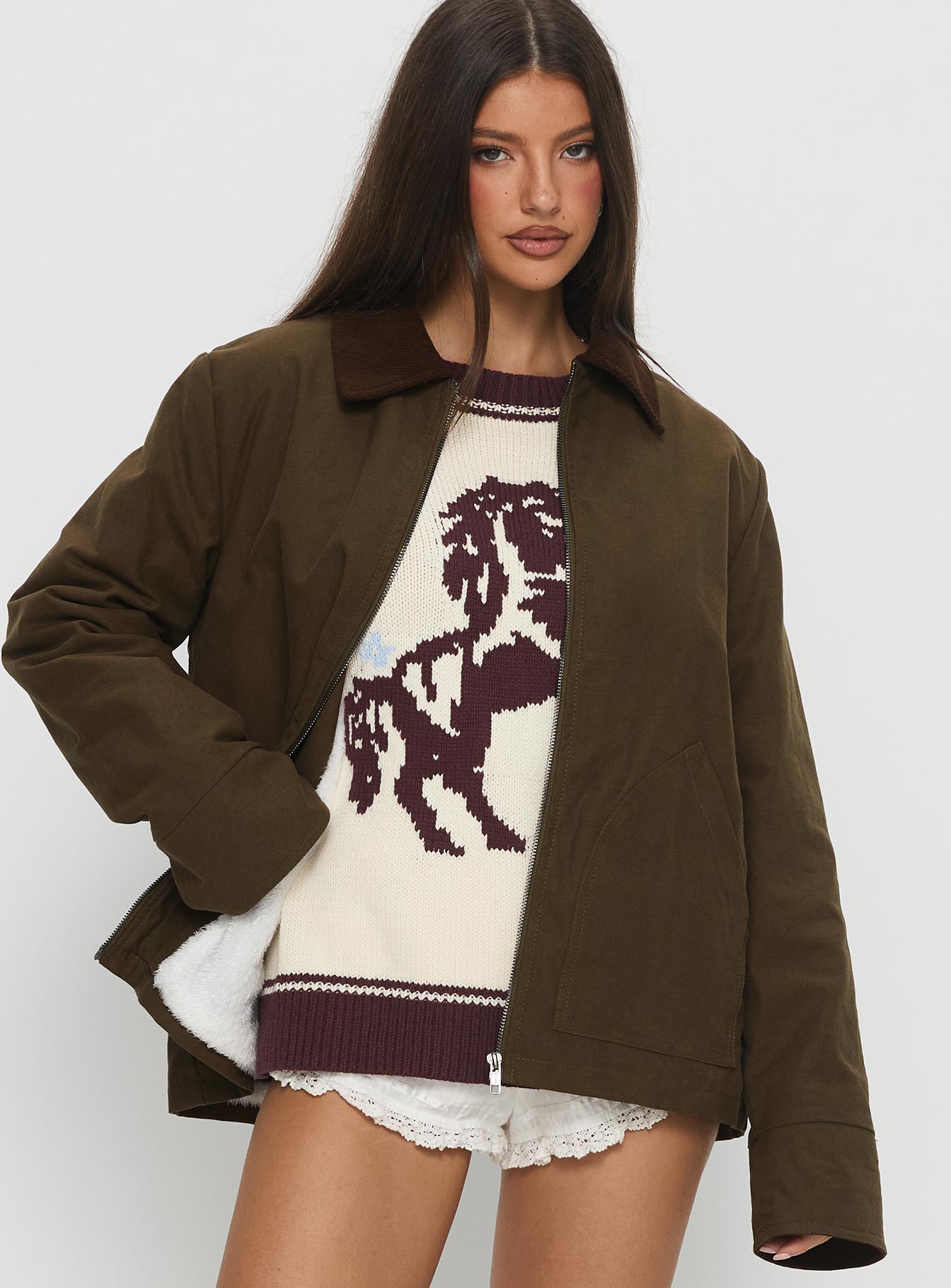 Livya Contrast Collar Utility Jacket Khaki - Image 2