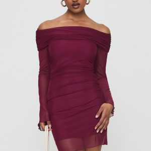 Consideration Long Sleeve Mini Dress Burgundy