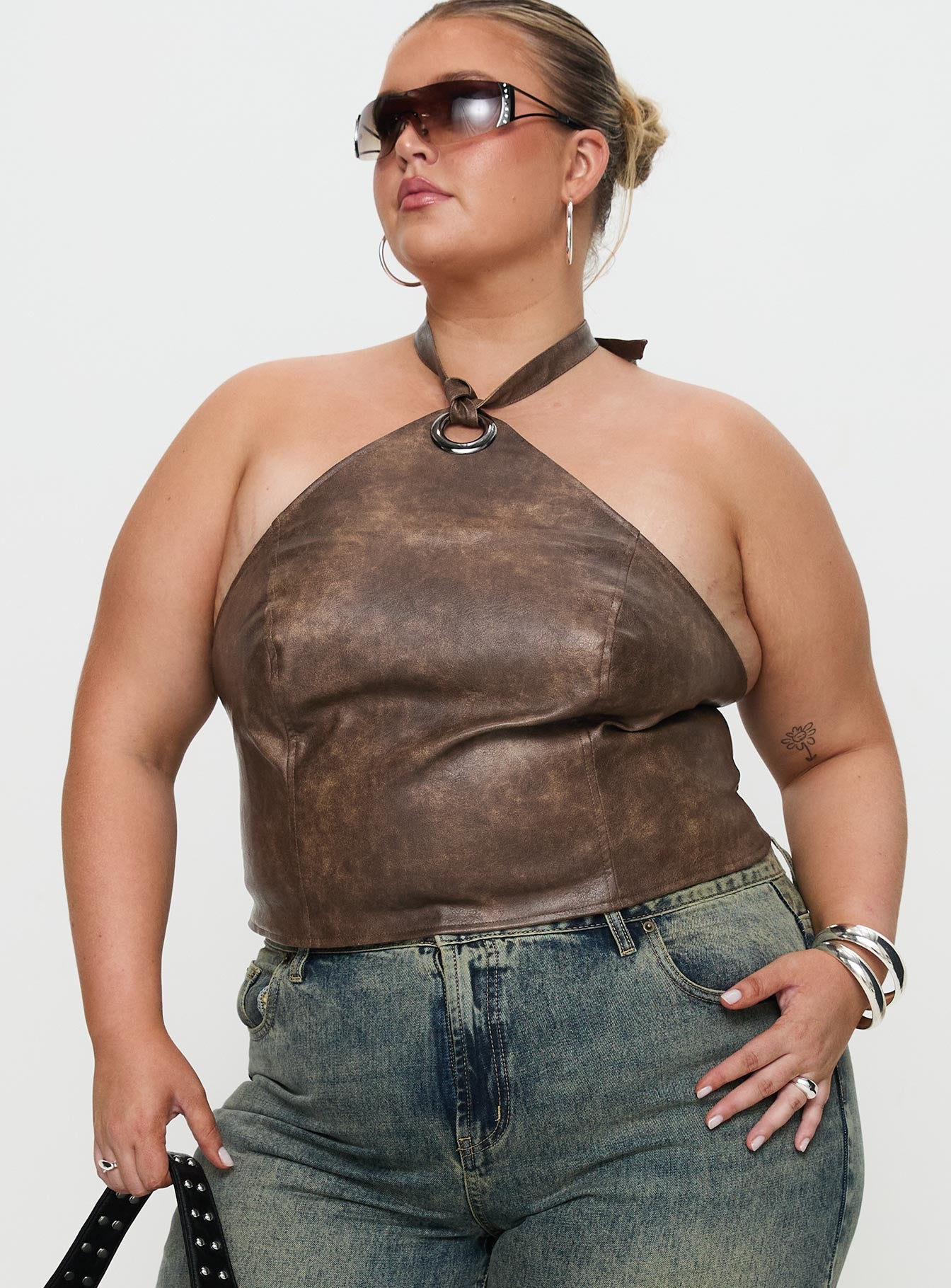 Treat You Better Ring Detail Faux Leather Top Brown Curve - Image 2