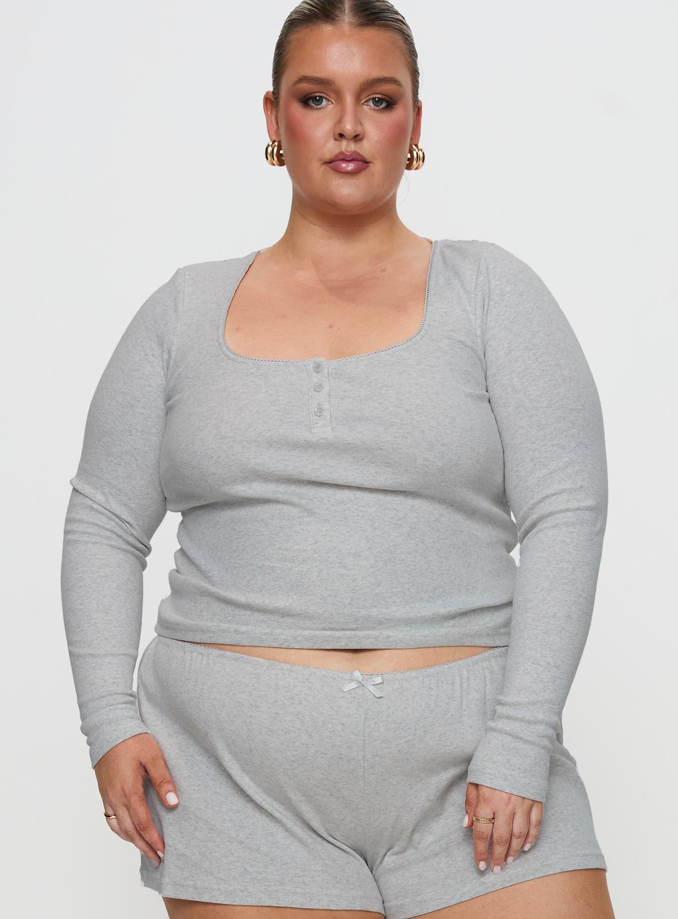 Sleepytea Rib Sleep Long Sleeve Top Grey Curve - Image 2