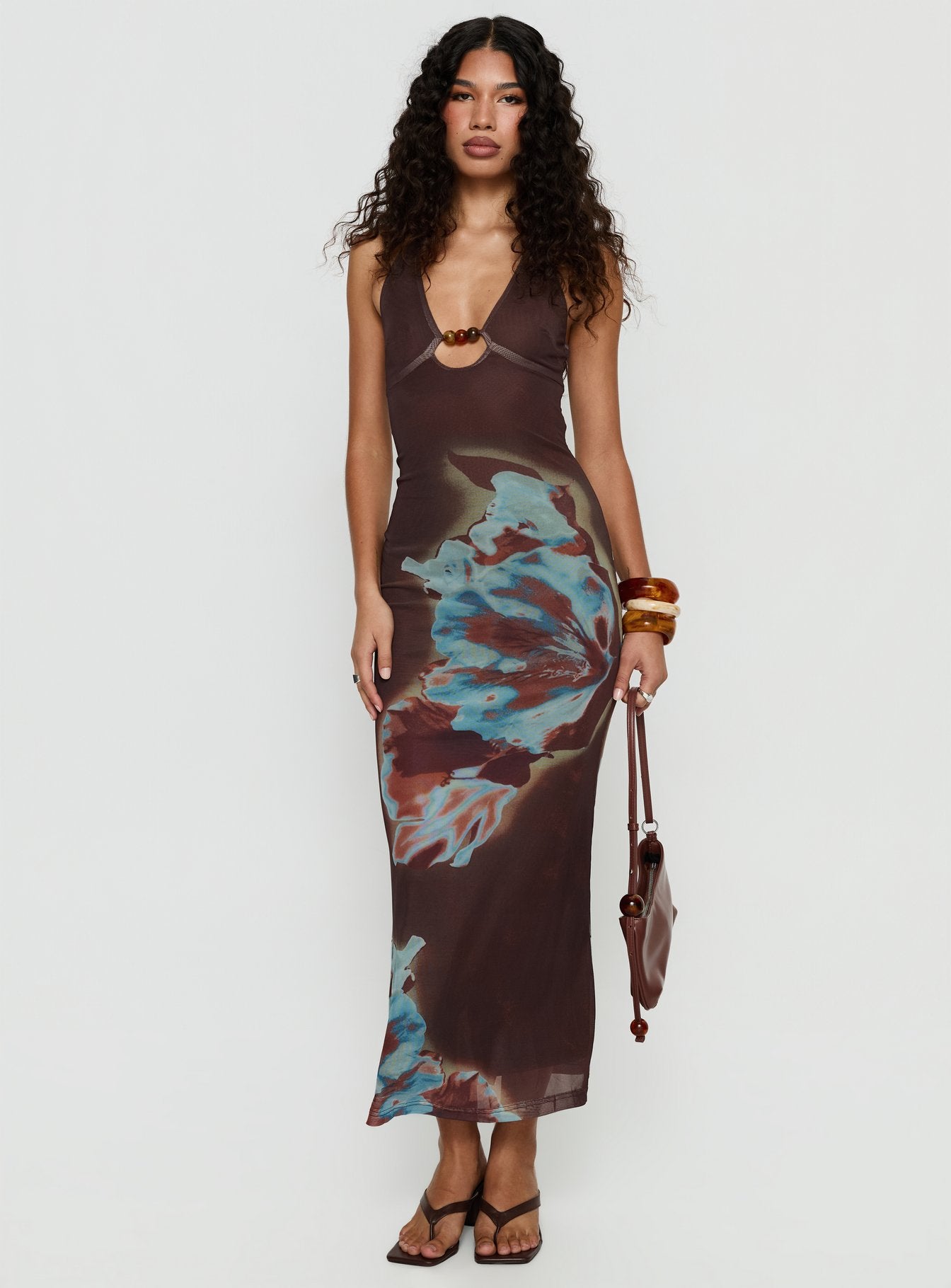 Maritsa Halter Beaded Maxi Dress Brown Floral - Image 2