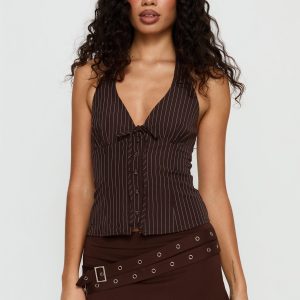 Nickole Halter Tailored Top Brown Stripe