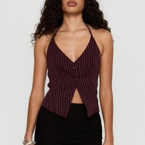 No Sleep Halter Top Burgundy Pinstripe