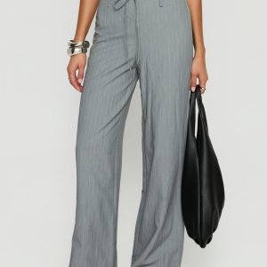 Idolised Tie Waist Pant Grey Pinstripe