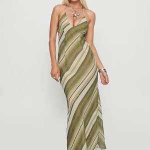 Esmira Halter Maxi Dress Green Stripe
