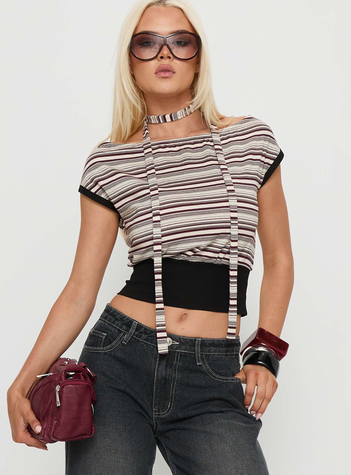 Amantha Scarf Detail Off Shoulder Top Stripe - Image 2