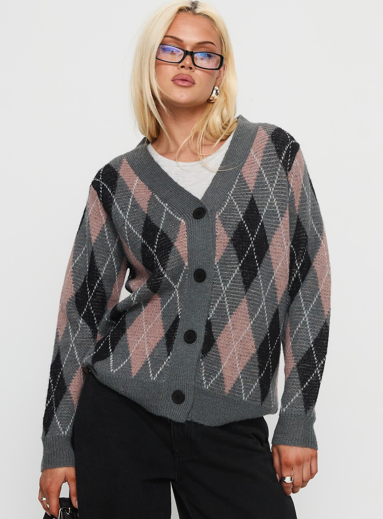 Zeeva Button Through Knit Cardigan Grey Argyle - Image 2