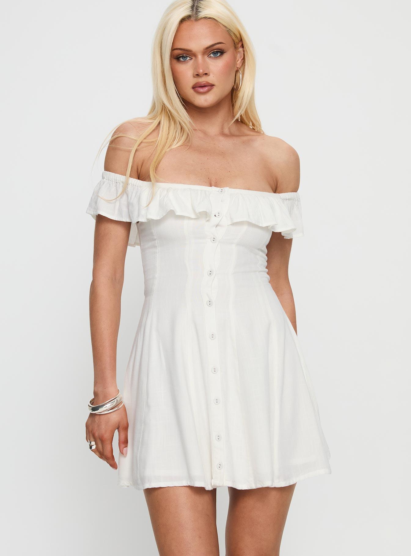 Corail Off Shoulder Frill Mini Dress White - Image 2