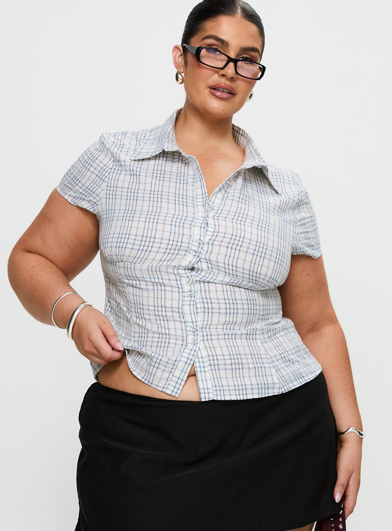 Cottesloe Blouse Top Blue Check Curve - Image 2