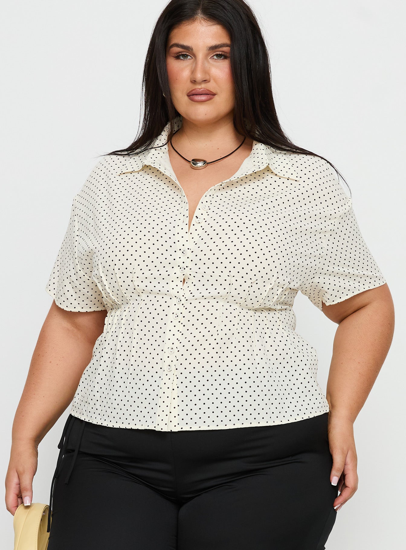 Dannica Cinched Short Sleeve Shirt Cream Polka Curve - Image 2