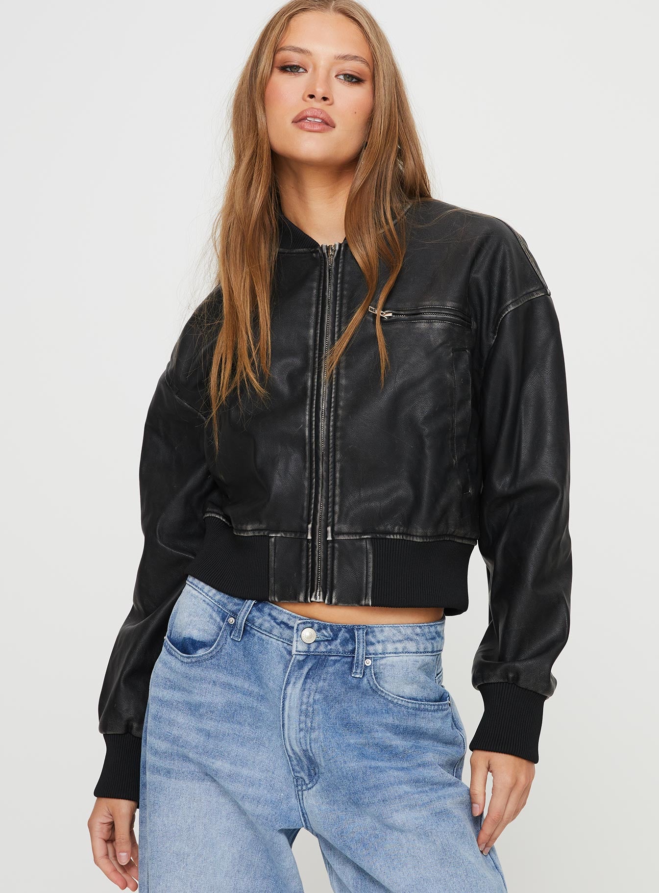 Sweet Disaster Faux Leather Cropped Bomber Jacket Black - Image 2