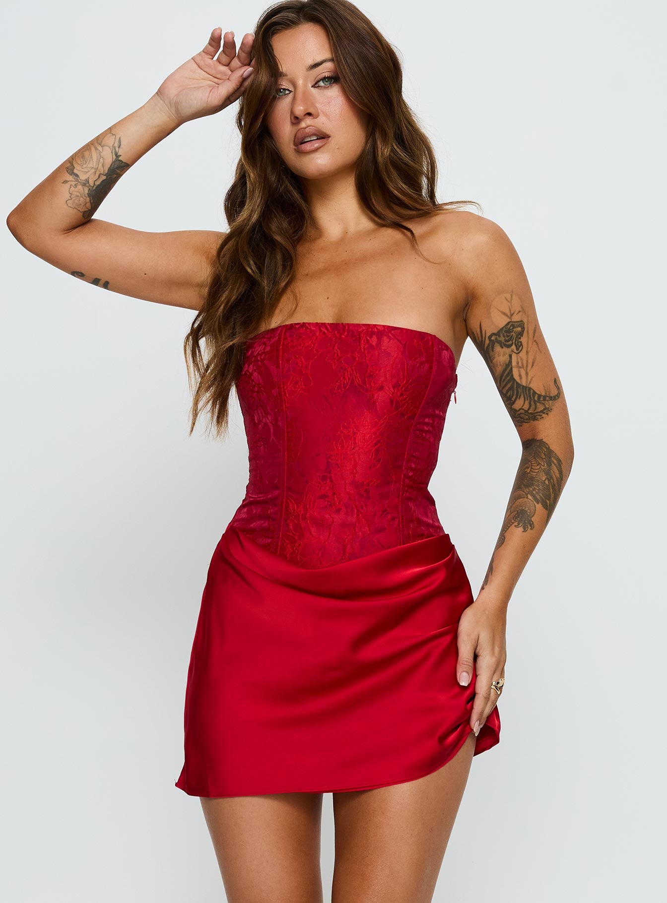 Jenevieve Strapless Drape Mini Dress Red - Image 2