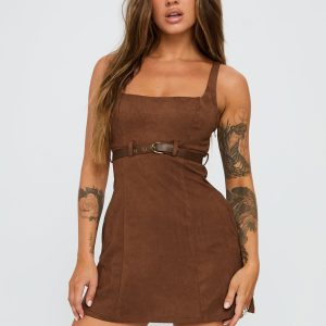 Way Back In Faux Suede Mini Dress Brown