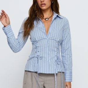 Sunisa Tie Detail Long Sleeve Top Blue Stripe