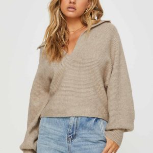 Bella Notched Neck Sweater Beige