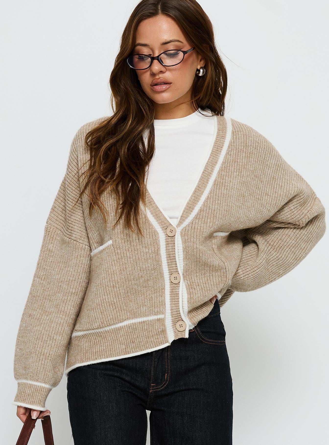 Cressara Contrast Knit Cardigan Beige / White - Image 2