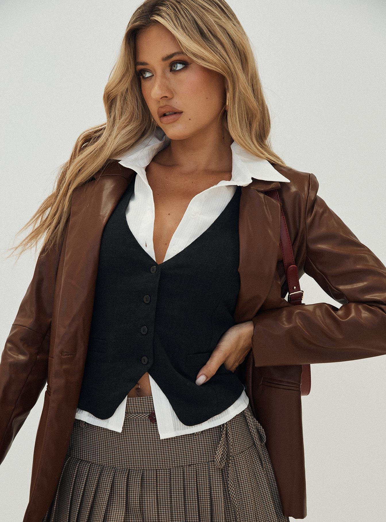 Morrison Faux Leather Blazer Brown - Image 11
