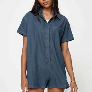 Dottey Denim Romper Dark Wash