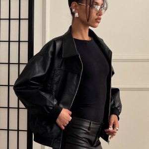 Goldsmith Faux Leather Bomber Jacket Black