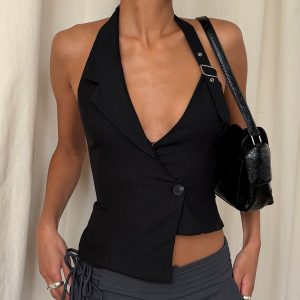 Rosanto Asymmetrical Buckle Top Black