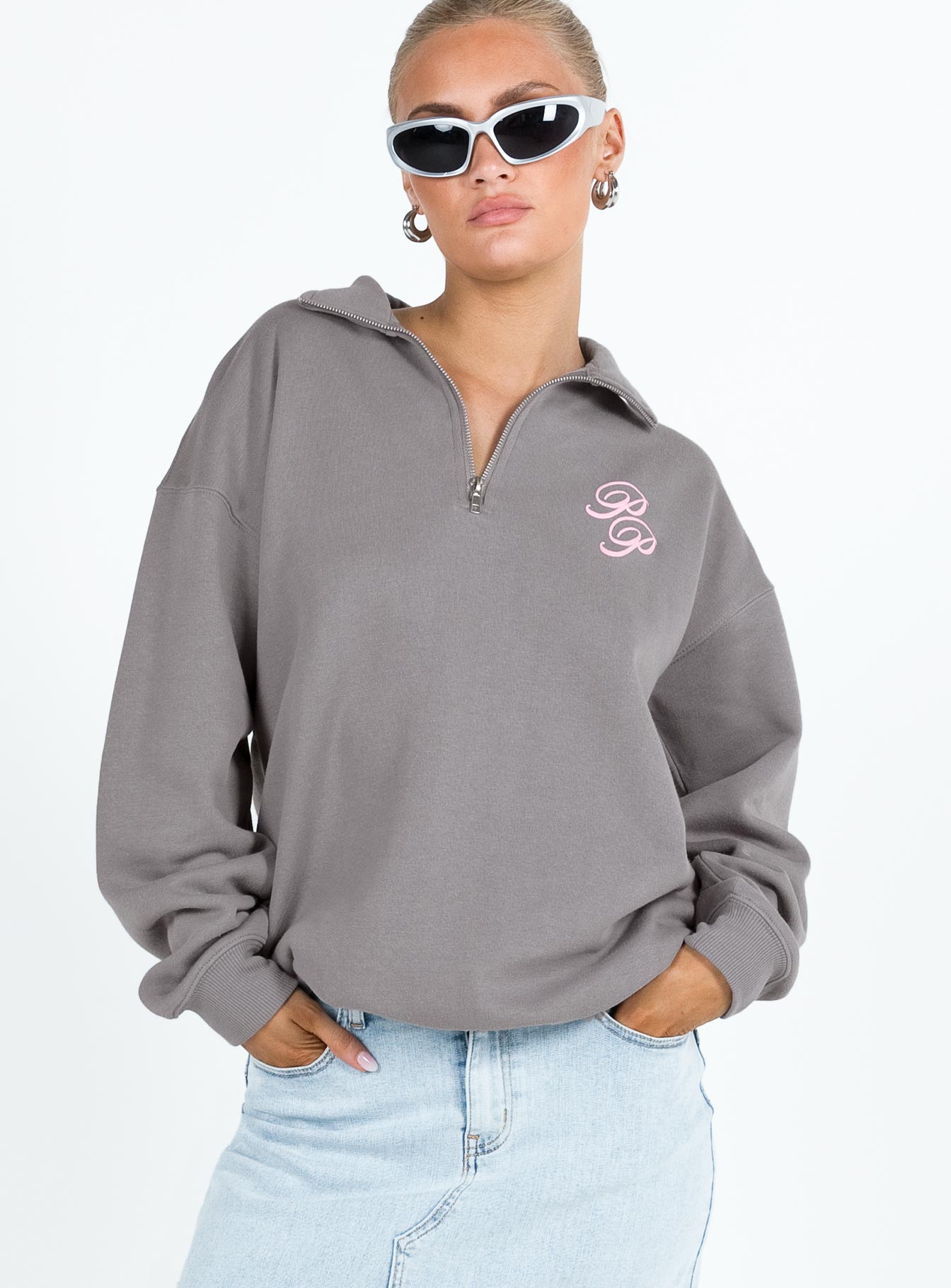 Princess Polly Quarter Zip Sweatshirt Cursive Text Charcoal / Light Pink - Image 2