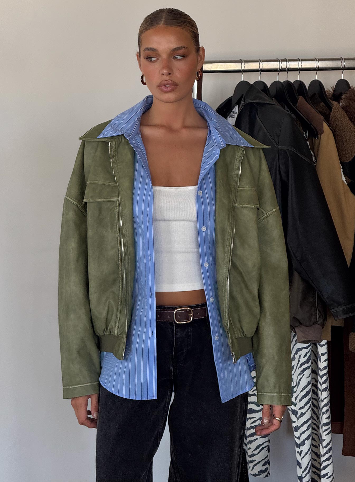 Tanza Faux Leather Jacket Washed Green