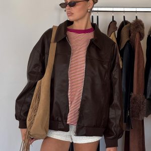 Goldsmith Faux Leather Bomber Jacket Brown