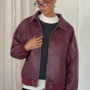 Goldsmith Faux Leather Bomber Jacket Burgundy