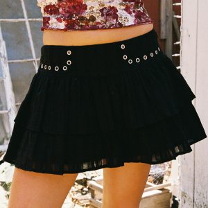Fire Sign Studded Tiered Mini Skirt Black