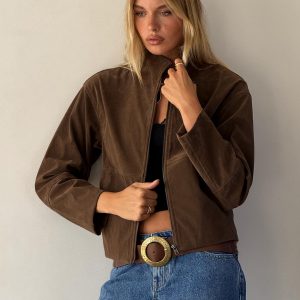 Jessalynn Faux Suede Zip Through Jacket Brown